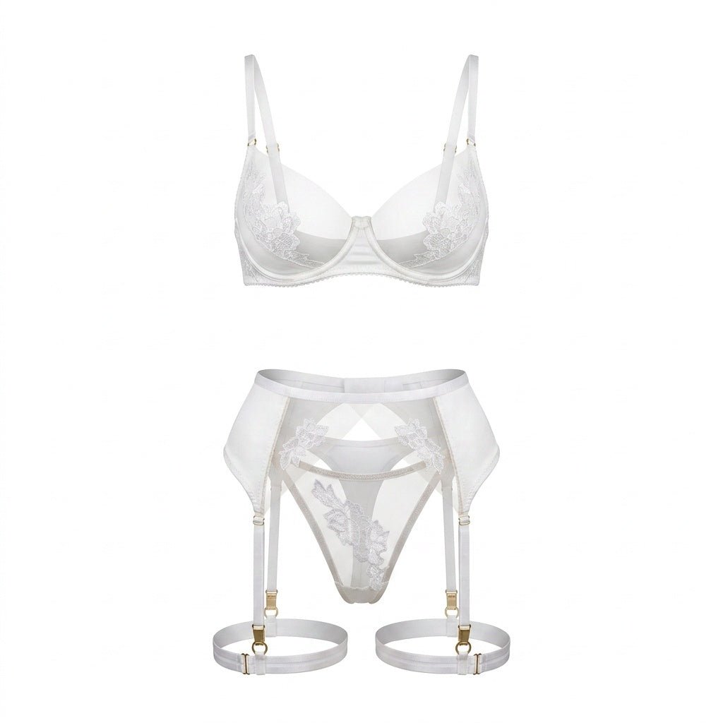 Satin Embroidered Four Piece Lingerie Set - AR UNIVERSALAR UNIVERSALLingerie Sets