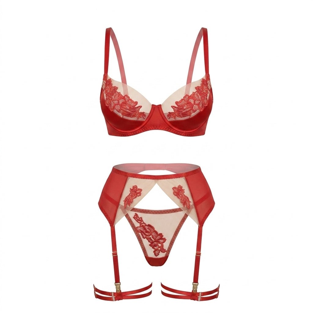 Satin Embroidered Four Piece Lingerie Set - AR UNIVERSALAR UNIVERSALLingerie Sets