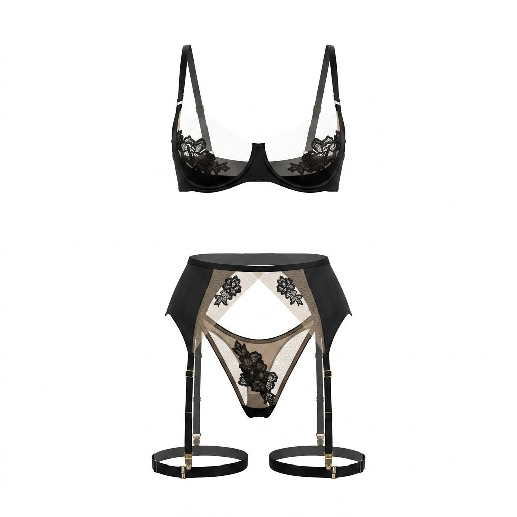 Satin Embroidered Four Piece Lingerie Set - AR UNIVERSALAR UNIVERSALLingerie Sets