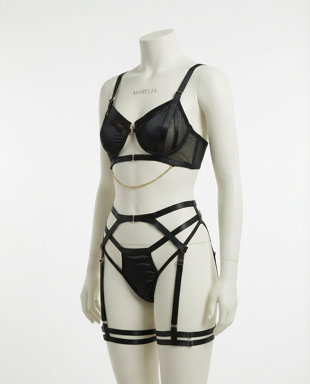 Satin Underwire Bra With Strappy Garter Belt Set - AR UNIVERSALghntshLingerie Set