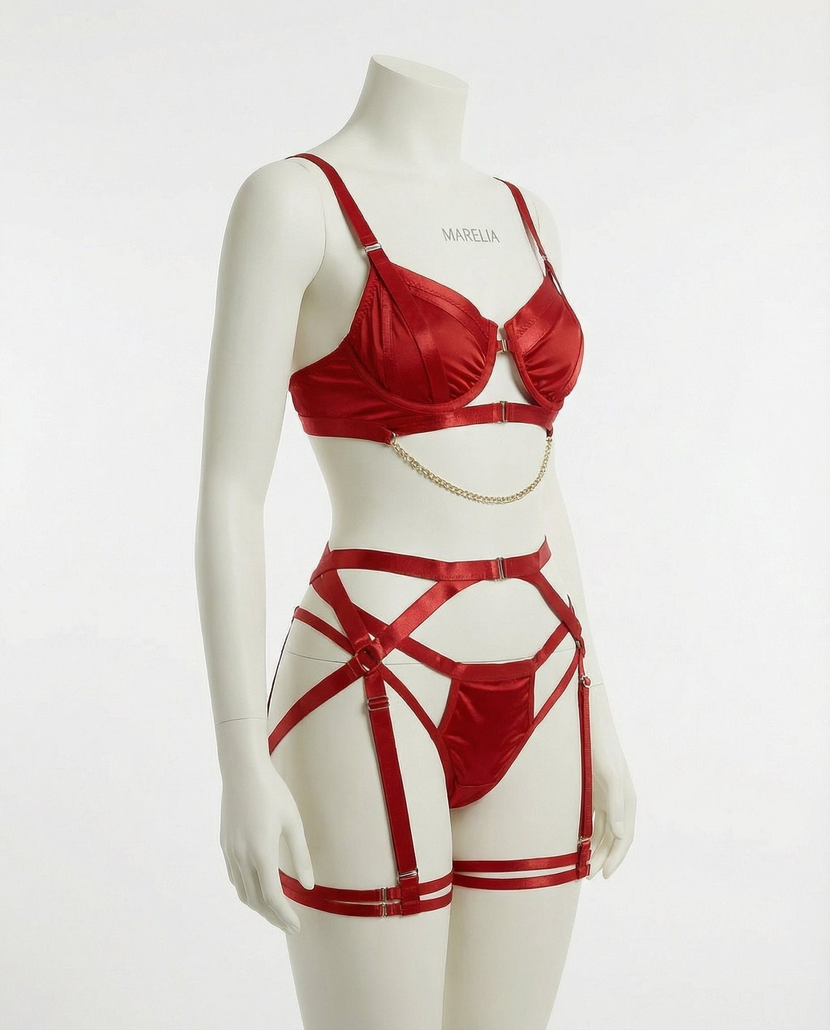 Satin Underwire Bra With Strappy Garter Belt Set - AR UNIVERSALghntshLingerie Set