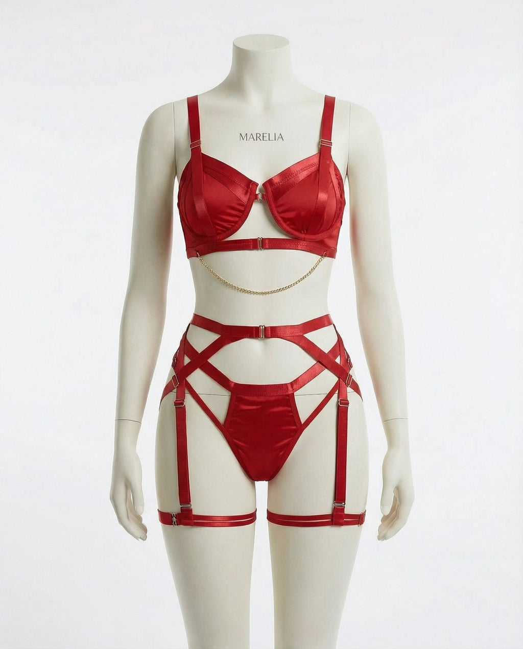 Satin Underwire Bra With Strappy Garter Belt Set - AR UNIVERSALghntshLingerie Set