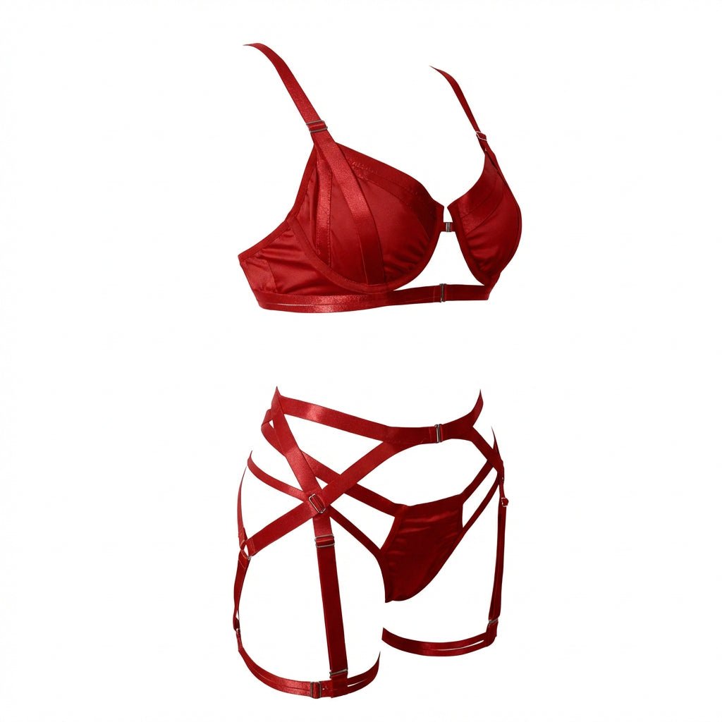 Satin Underwire Bra With Strappy Garter Belt Set - AR UNIVERSALghntshLingerie Set