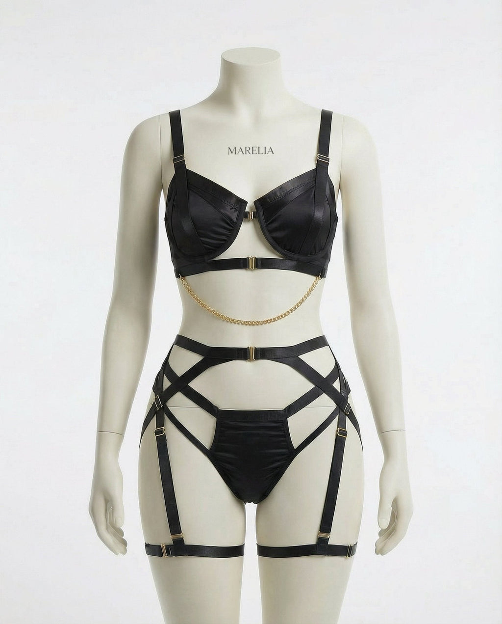 Satin Underwire Bra With Strappy Garter Belt Set - AR UNIVERSALghntshLingerie Set