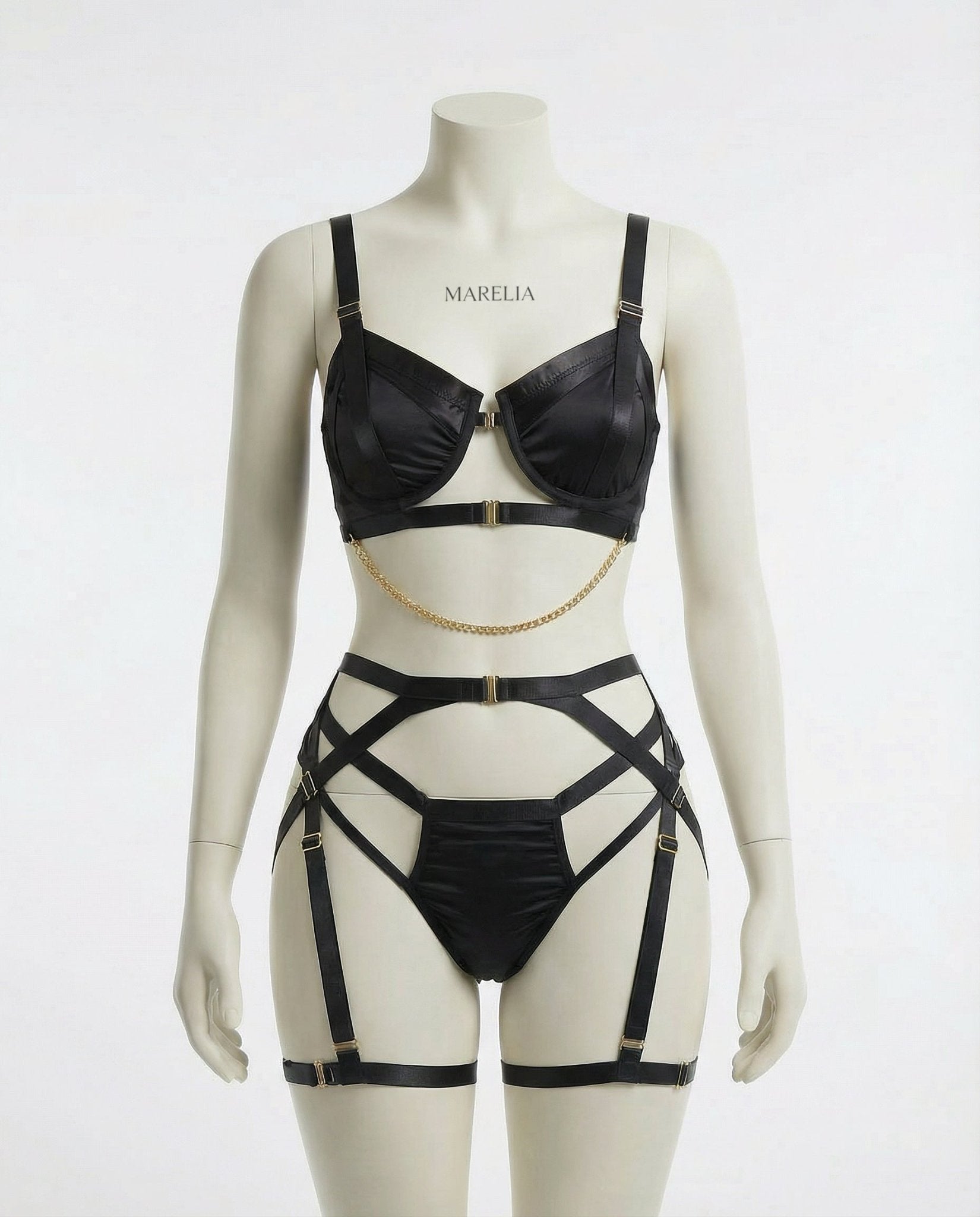 Satin Underwire Bra With Strappy Garter Belt Set - AR UNIVERSALghntshLingerie Set