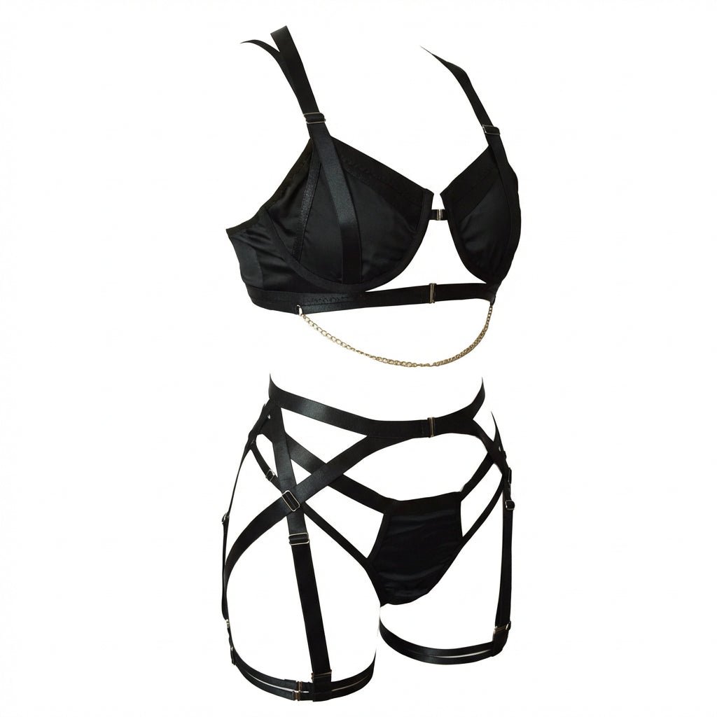 Satin Underwire Bra With Strappy Garter Belt Set - AR UNIVERSALghntshLingerie Set