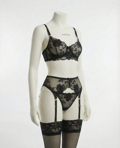 Sheer Floral Lace Bra Brief And Suspender Belt Set