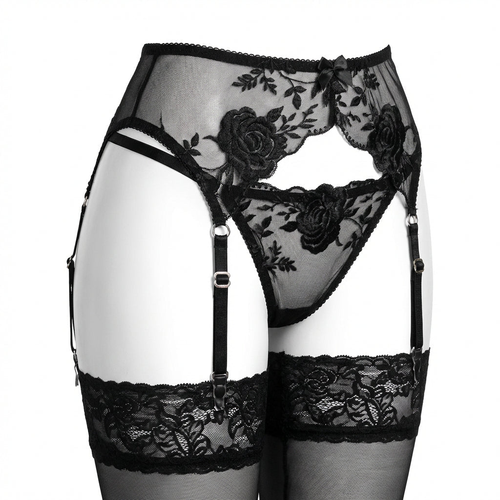 Sheer Floral Lace Bra Brief And Suspender Belt Set