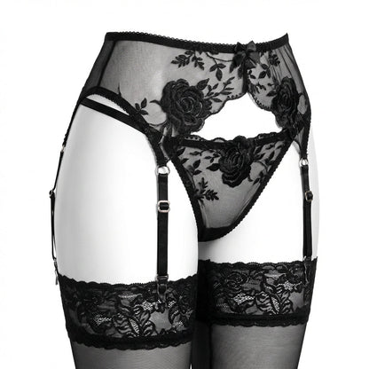 Sheer Floral Lace Bra Brief And Suspender Belt Set