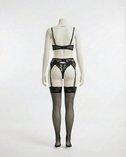 Sheer Floral Lace Bra Brief And Suspender Belt Set