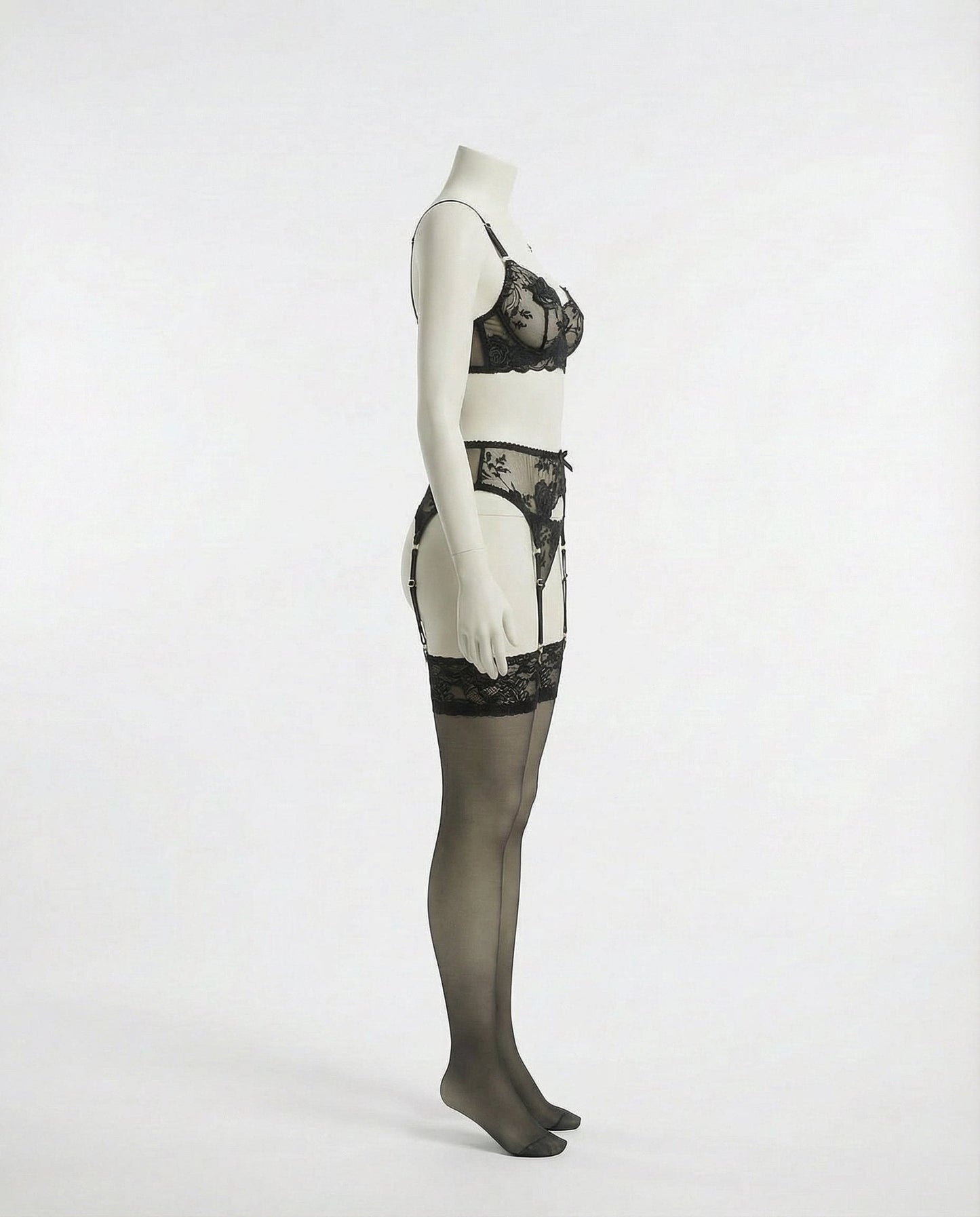 Sheer Floral Lace Bra Brief And Suspender Belt Set