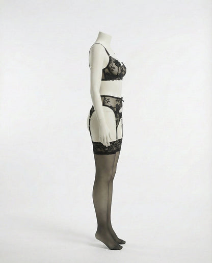 Sheer Floral Lace Bra Brief And Suspender Belt Set