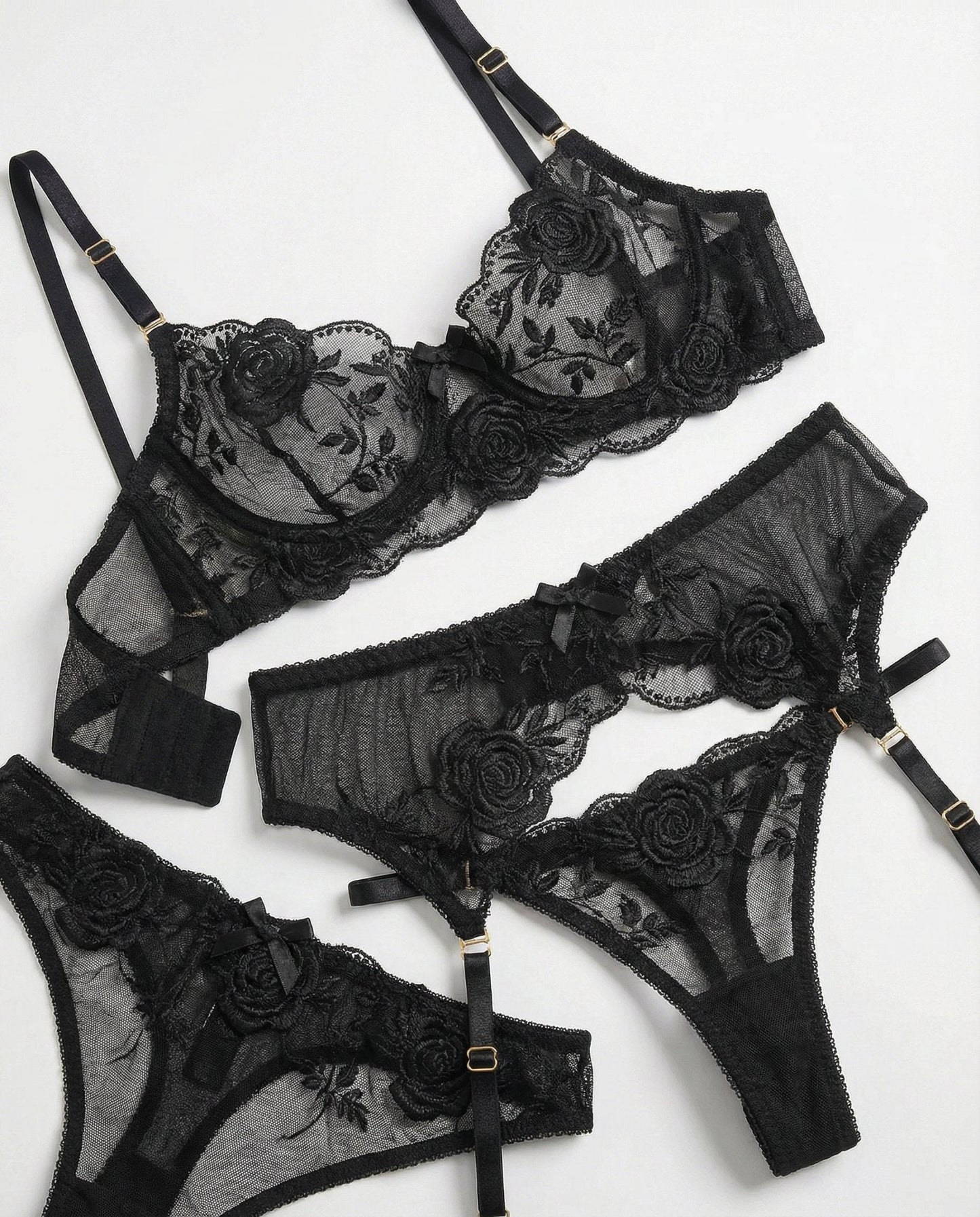 Sheer Floral Lace Bra Brief And Suspender Belt Set