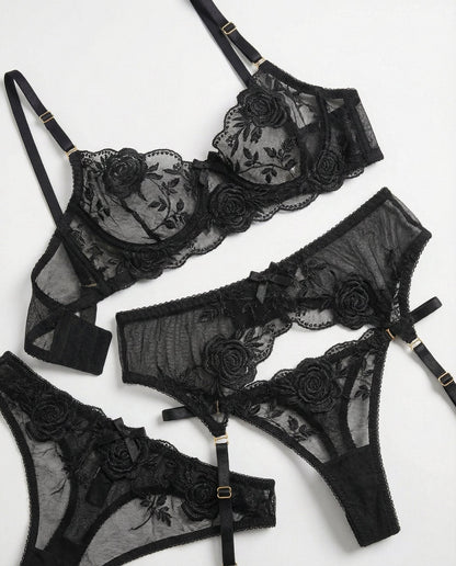 Sheer Floral Lace Bra Brief And Suspender Belt Set