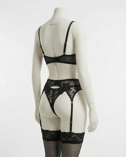 Sheer Floral Lace Bra Brief And Suspender Belt Set