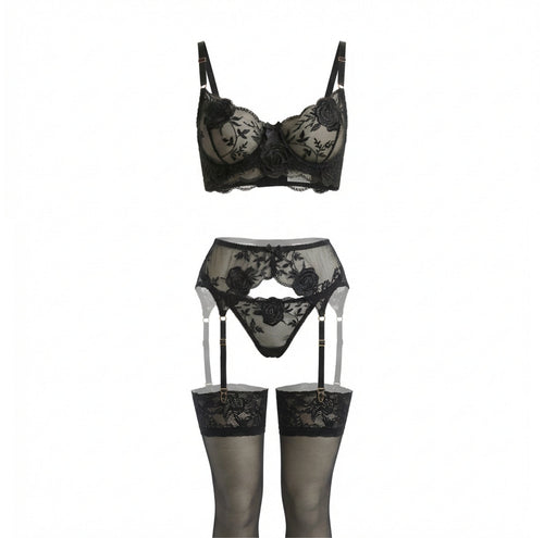 Floral Lace Lingerie Set with Suspender Belt