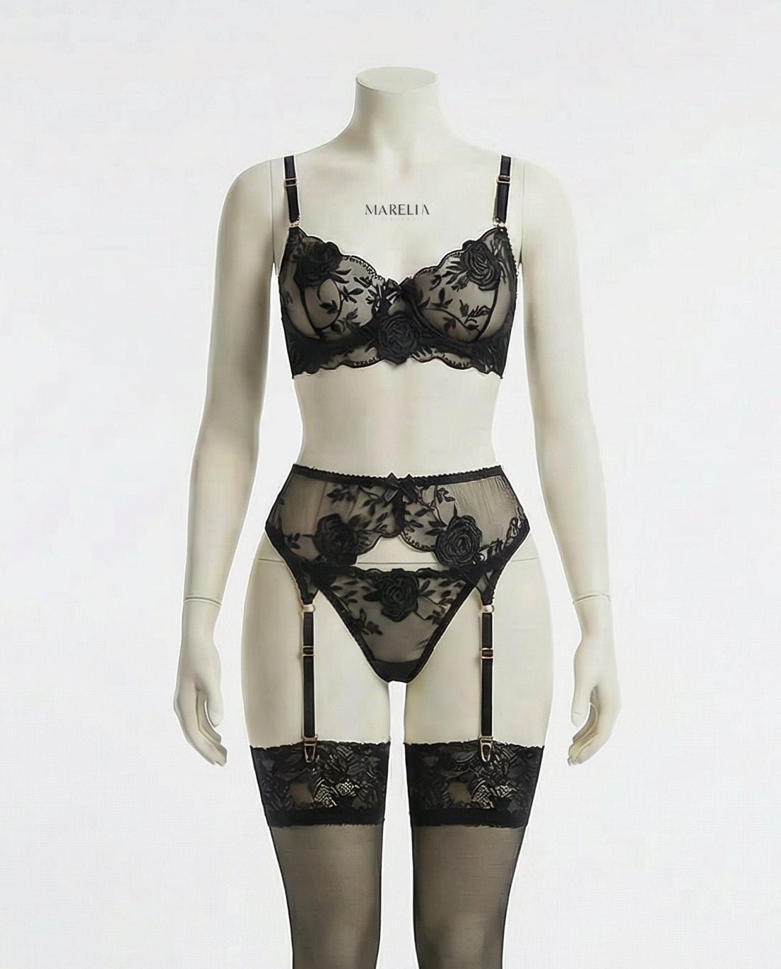 Sheer Floral Lace Bra Brief And Suspender Belt Set