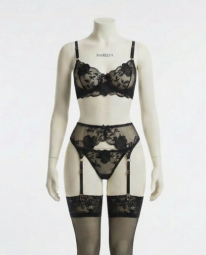 Sheer Floral Lace Bra Brief And Suspender Belt Set