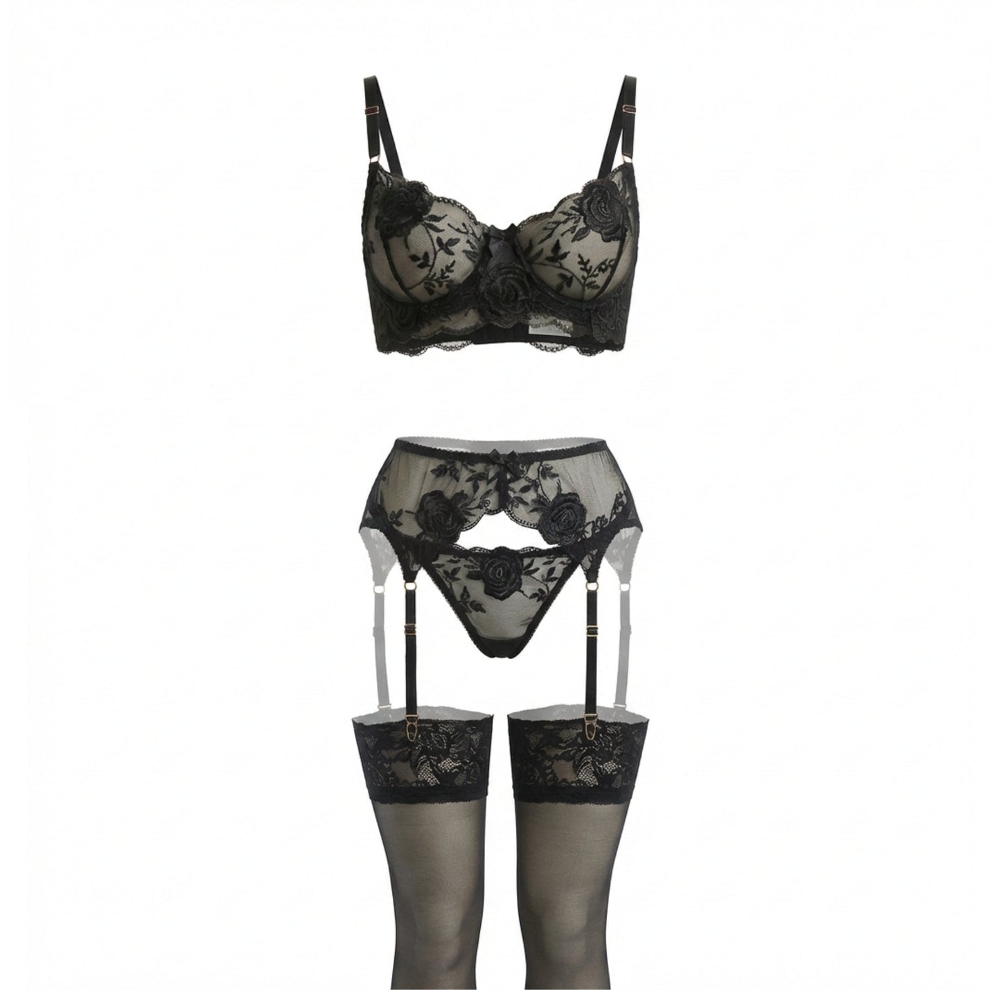 Sheer Floral Lace Bra Brief And Suspender Belt Set