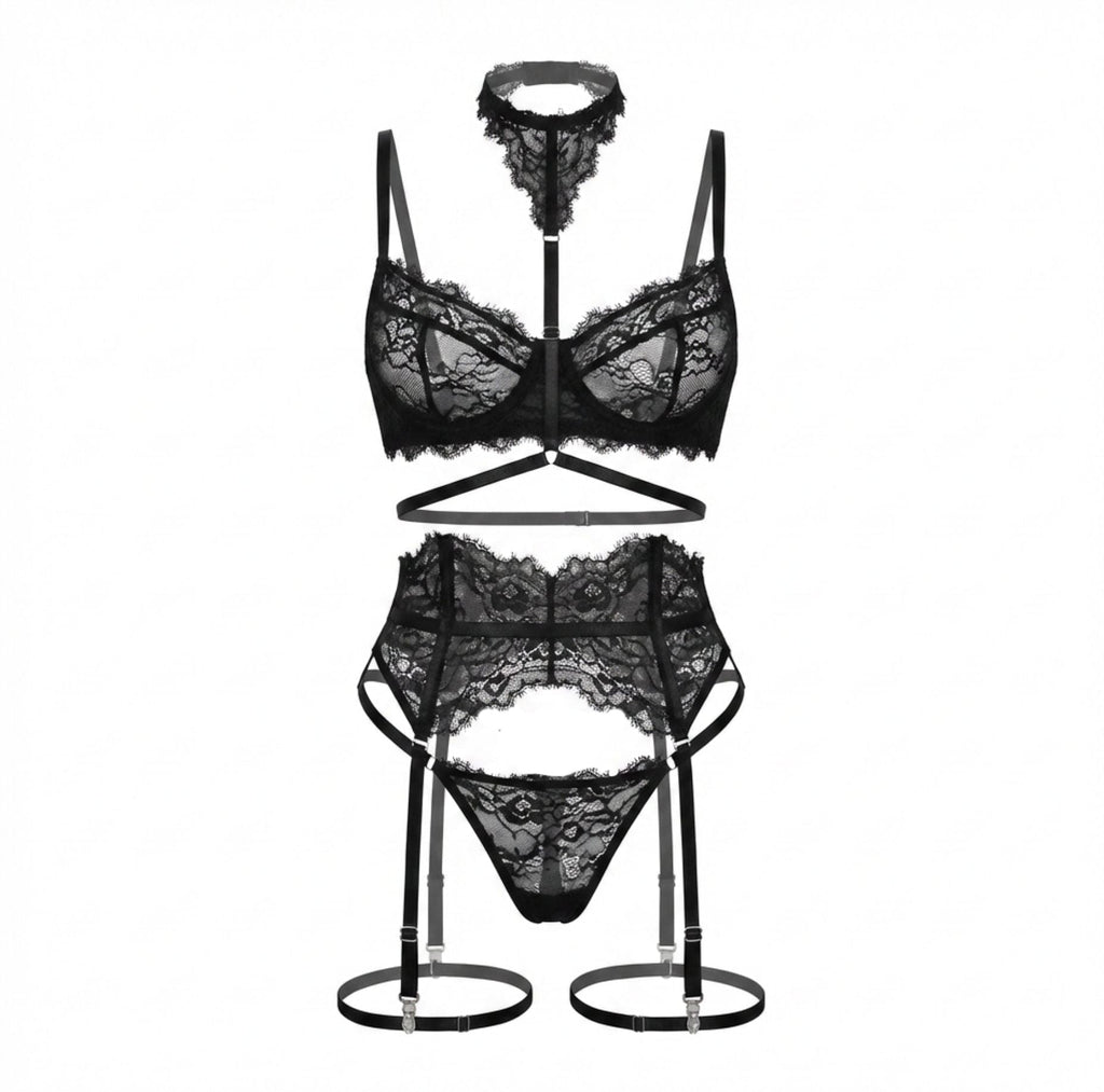 Sheer Lace Underwired Four Piece Lingerie Set - AR UNIVERSALAR UNIVERSALLingerie Sets