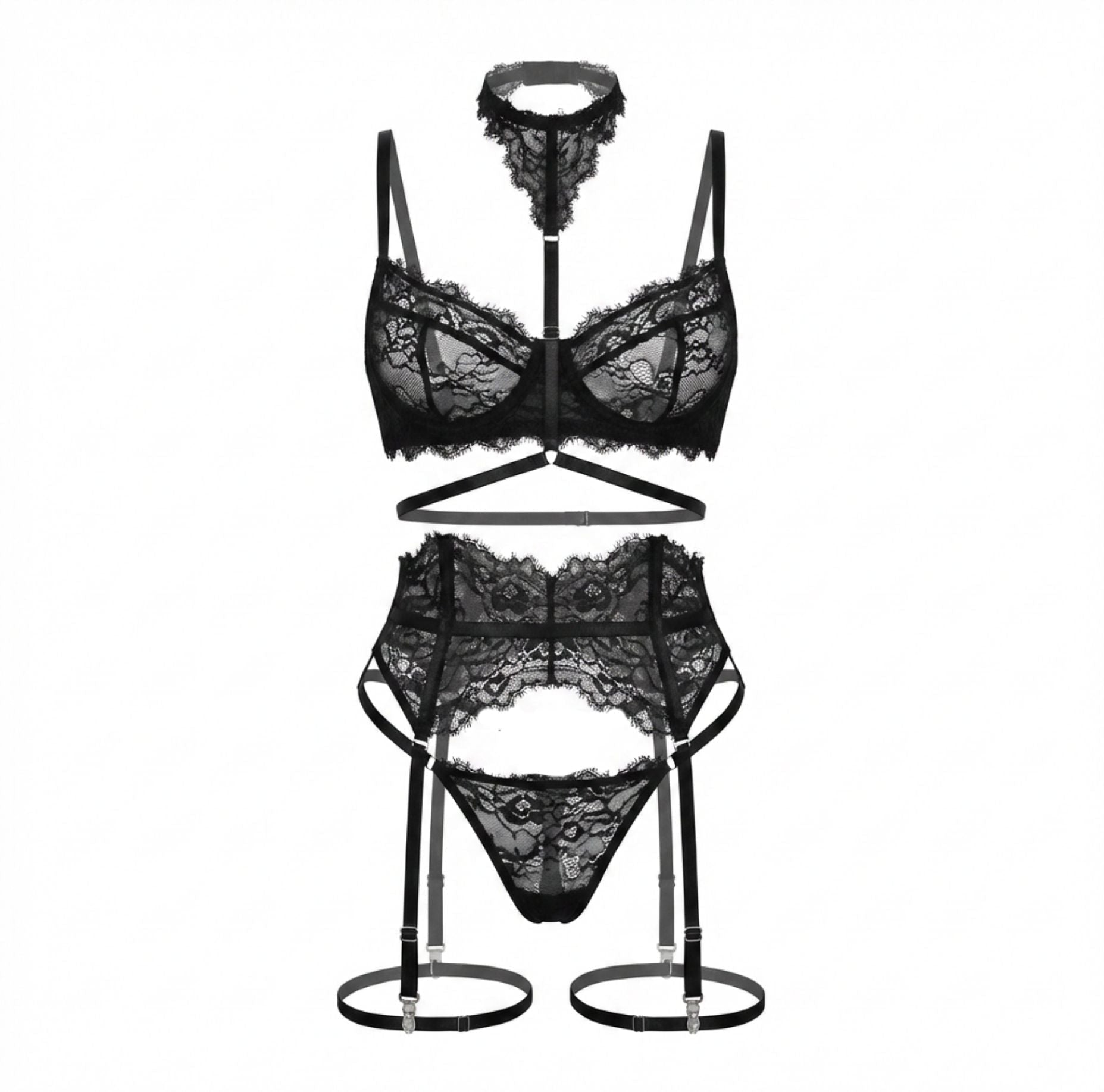 Sheer Lace Underwired Four Piece Lingerie Set - AR UNIVERSALAR UNIVERSALLingerie Sets