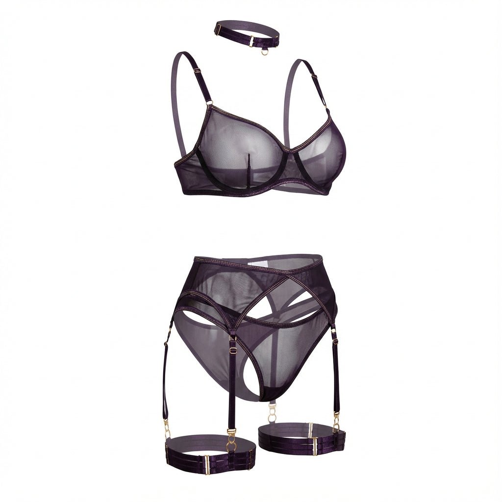 Sheer Mesh Bra Brief And Suspender Set - AR UNIVERSALAR UNIVERSALLingerie Set