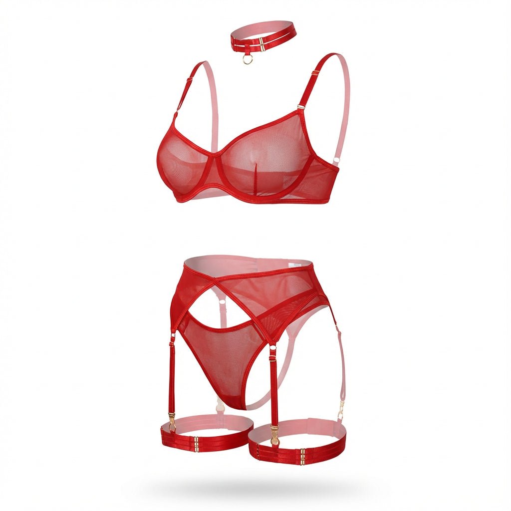 Sheer Mesh Bra Brief And Suspender Set - AR UNIVERSALAR UNIVERSALLingerie Set