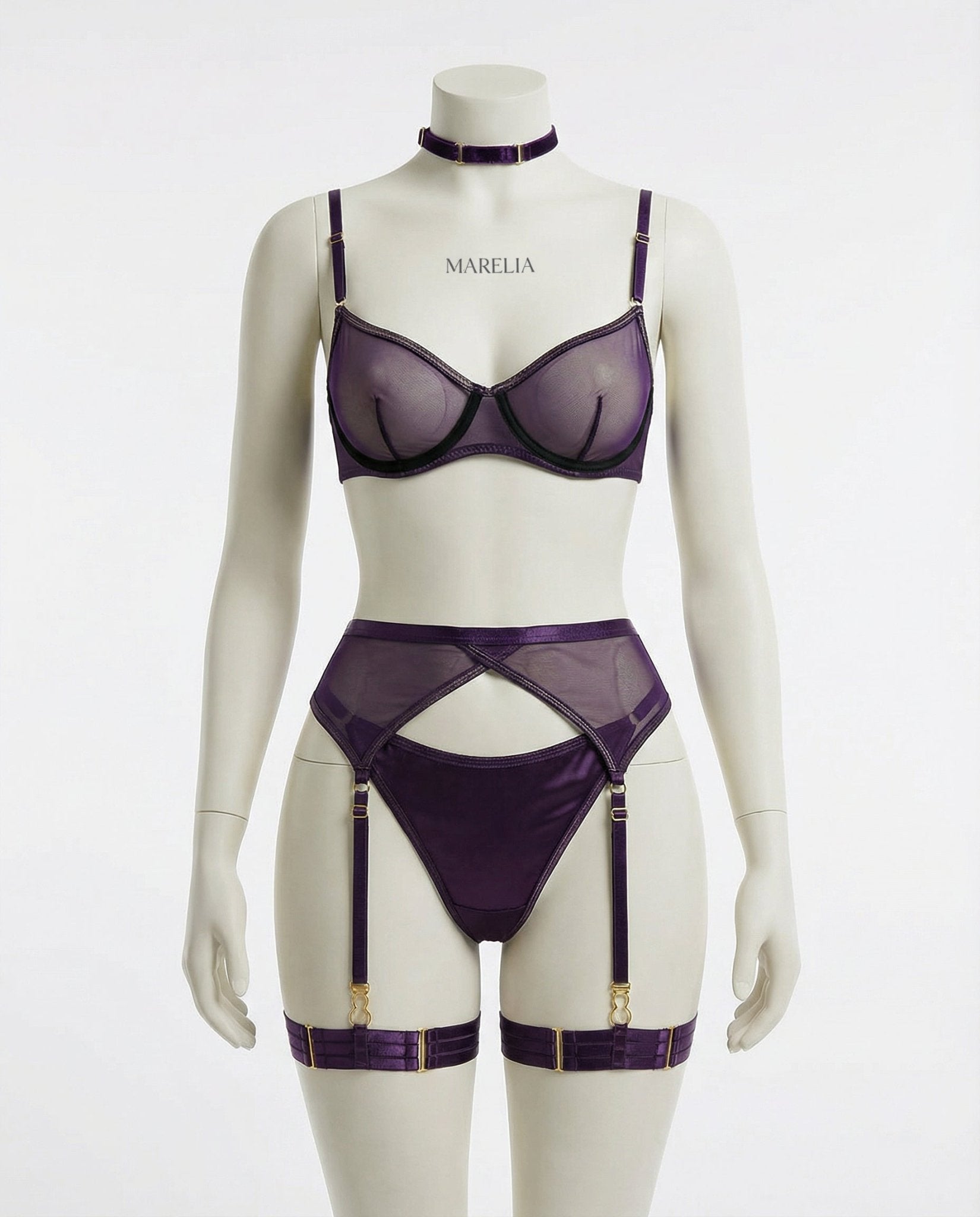 Sheer Mesh Bra Brief And Suspender Set - AR UNIVERSALAR UNIVERSALLingerie Set