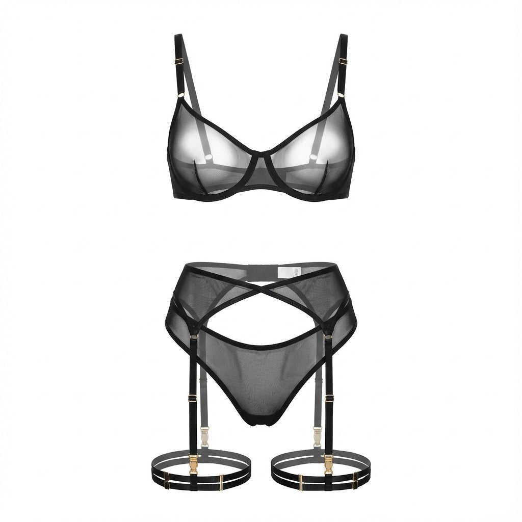 Sheer Mesh Bra Brief And Suspender Set - AR UNIVERSALAR UNIVERSALLingerie Set