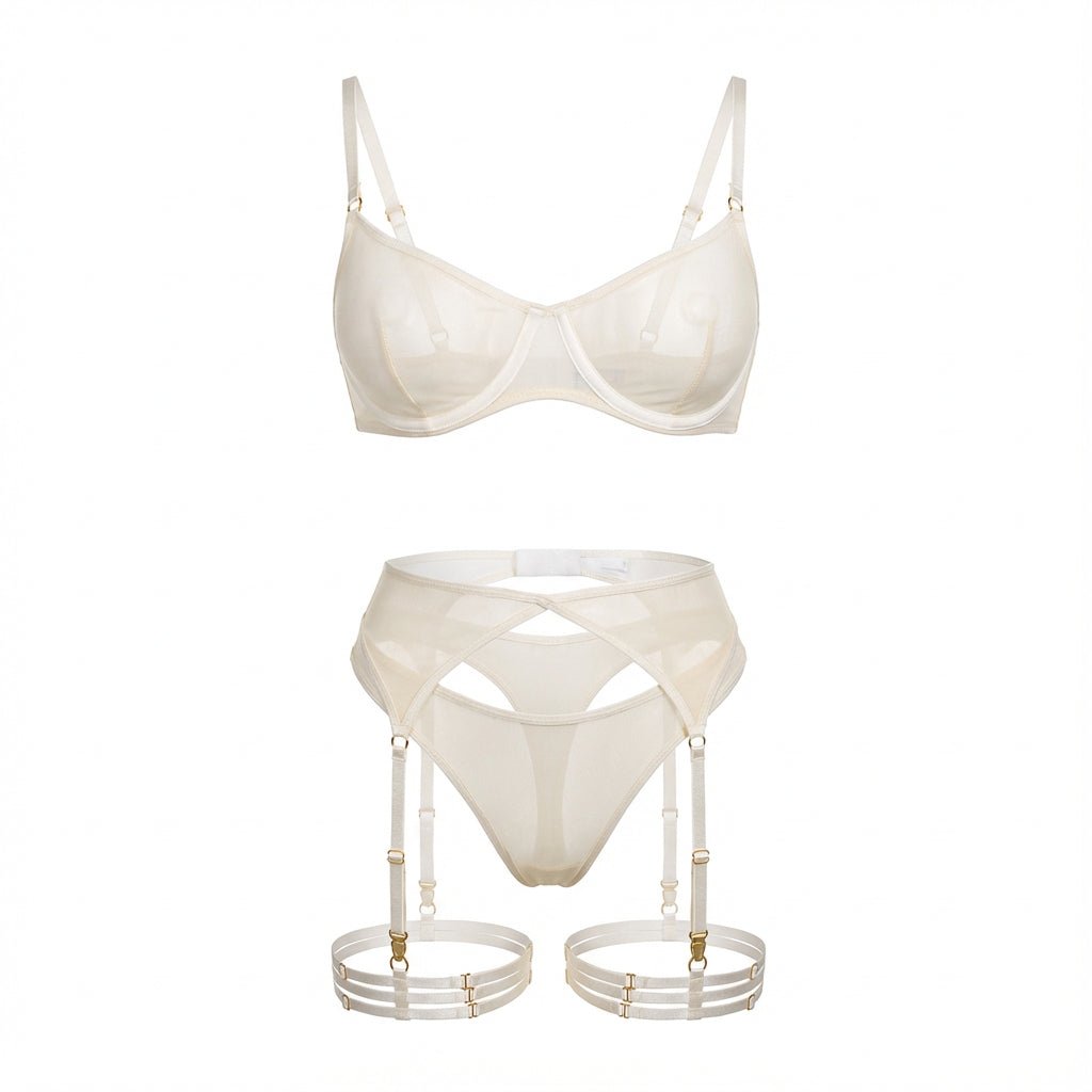Sheer Mesh Bra Brief And Suspender Set - AR UNIVERSALAR UNIVERSALLingerie Set