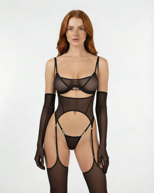 Sheer Mesh Lingerie Set With Opera Gloves