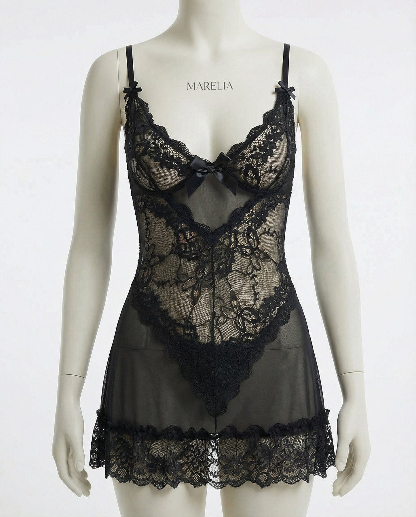 Sheer Mesh Lace Chemise With G-String
