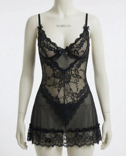 Sheer Mesh Lace Chemise With G-String