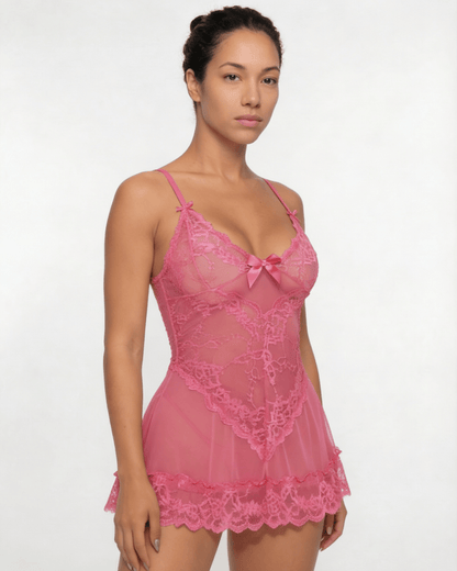 Sheer Mesh Lace Chemise With G-String