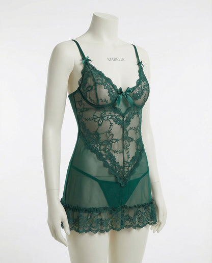 Sheer Mesh Lace Chemise With G-String