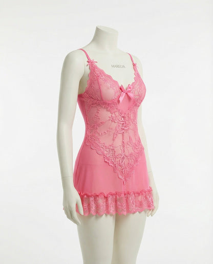 Sheer Mesh Lace Chemise With G-String