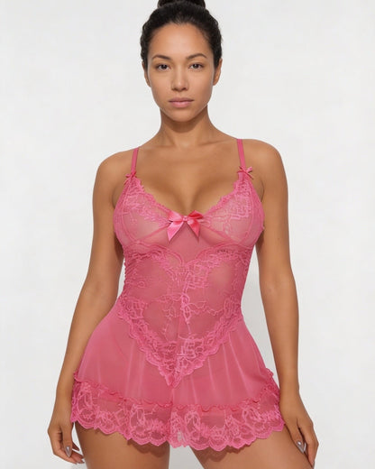 Sheer Mesh Lace Chemise With G-String