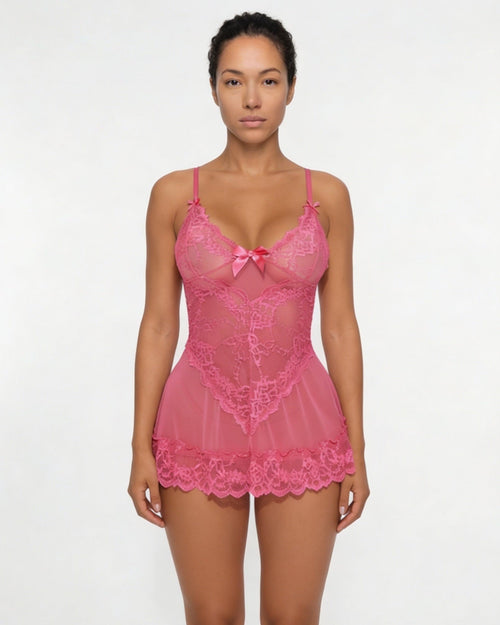 Sheer Mesh Lace Chemise With G-String