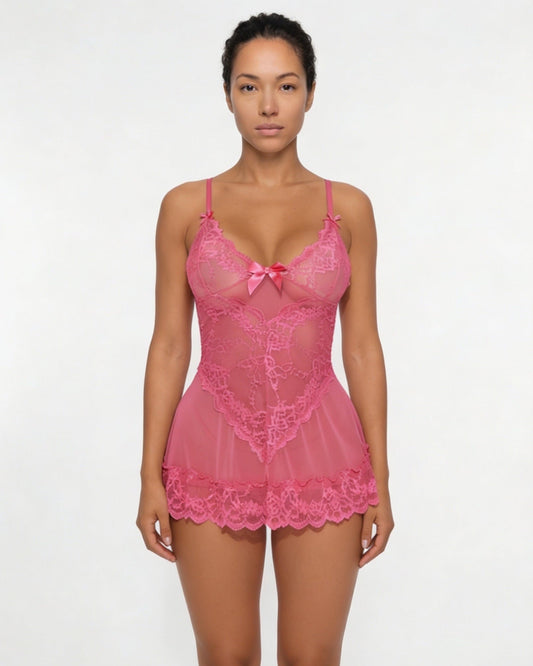 Sheer Mesh Lace Chemise With G-String