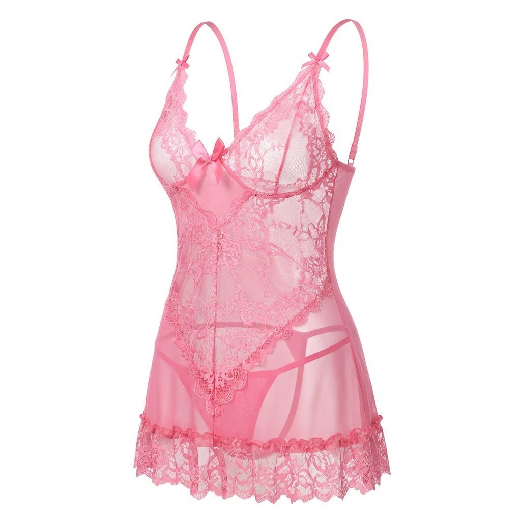 Sheer Mesh Lace Chemise With G-String