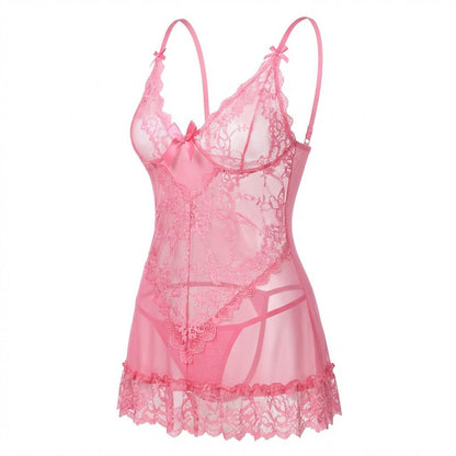 Sheer Mesh Lace Chemise With G-String