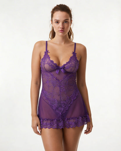Sheer Mesh Lace Chemise With G-String