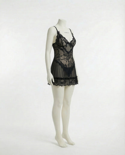 Sheer Mesh Lace Chemise With G-String