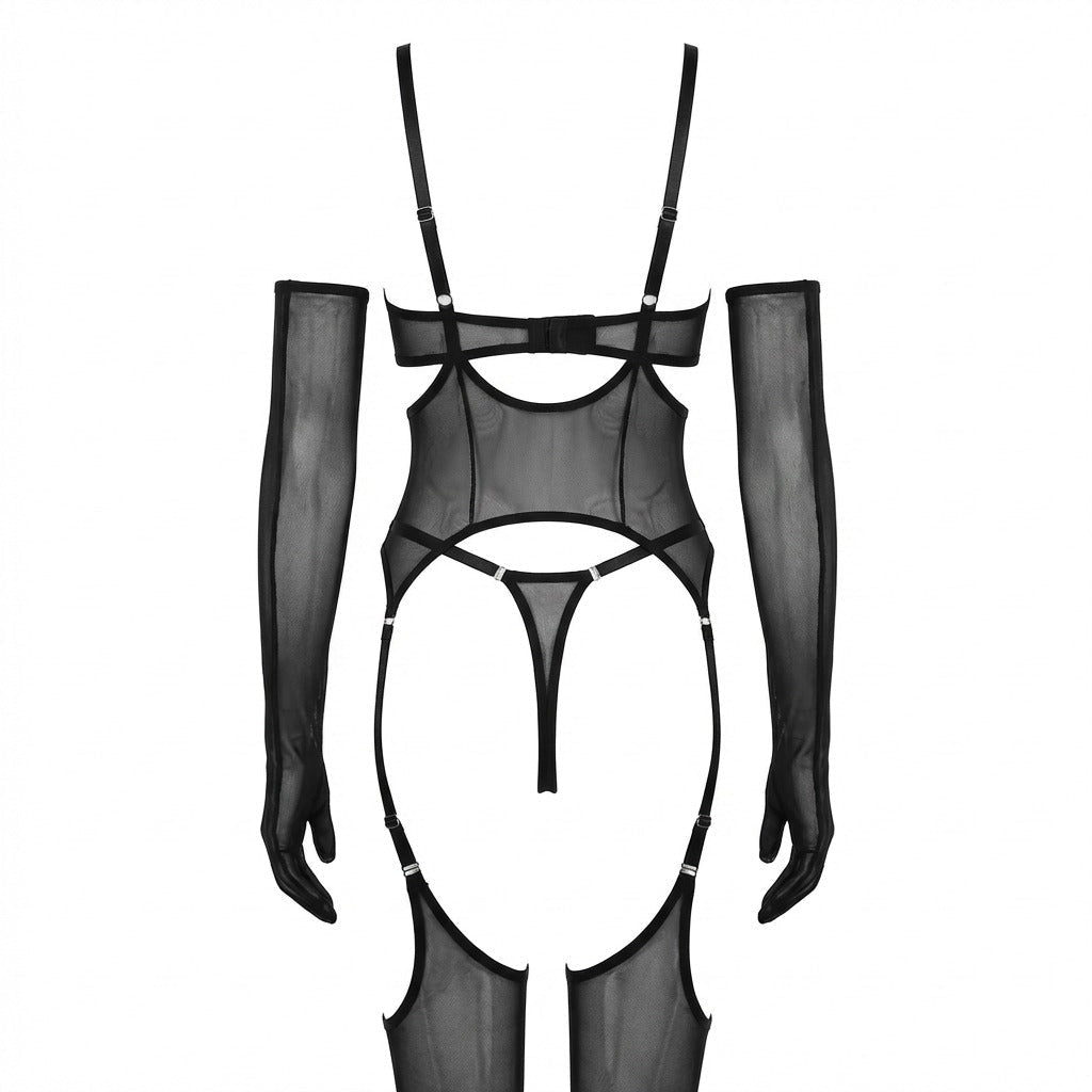 Sheer Mesh Lingerie Set With Opera Gloves - AR UNIVERSALghntshBodysuit