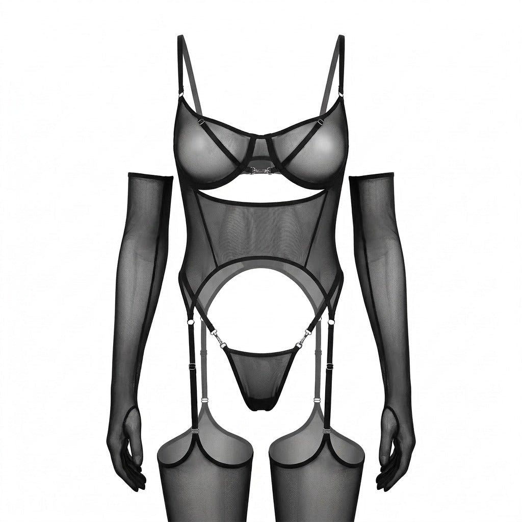 Sheer Mesh Lingerie Set With Opera Gloves - AR UNIVERSALghntshBodysuit