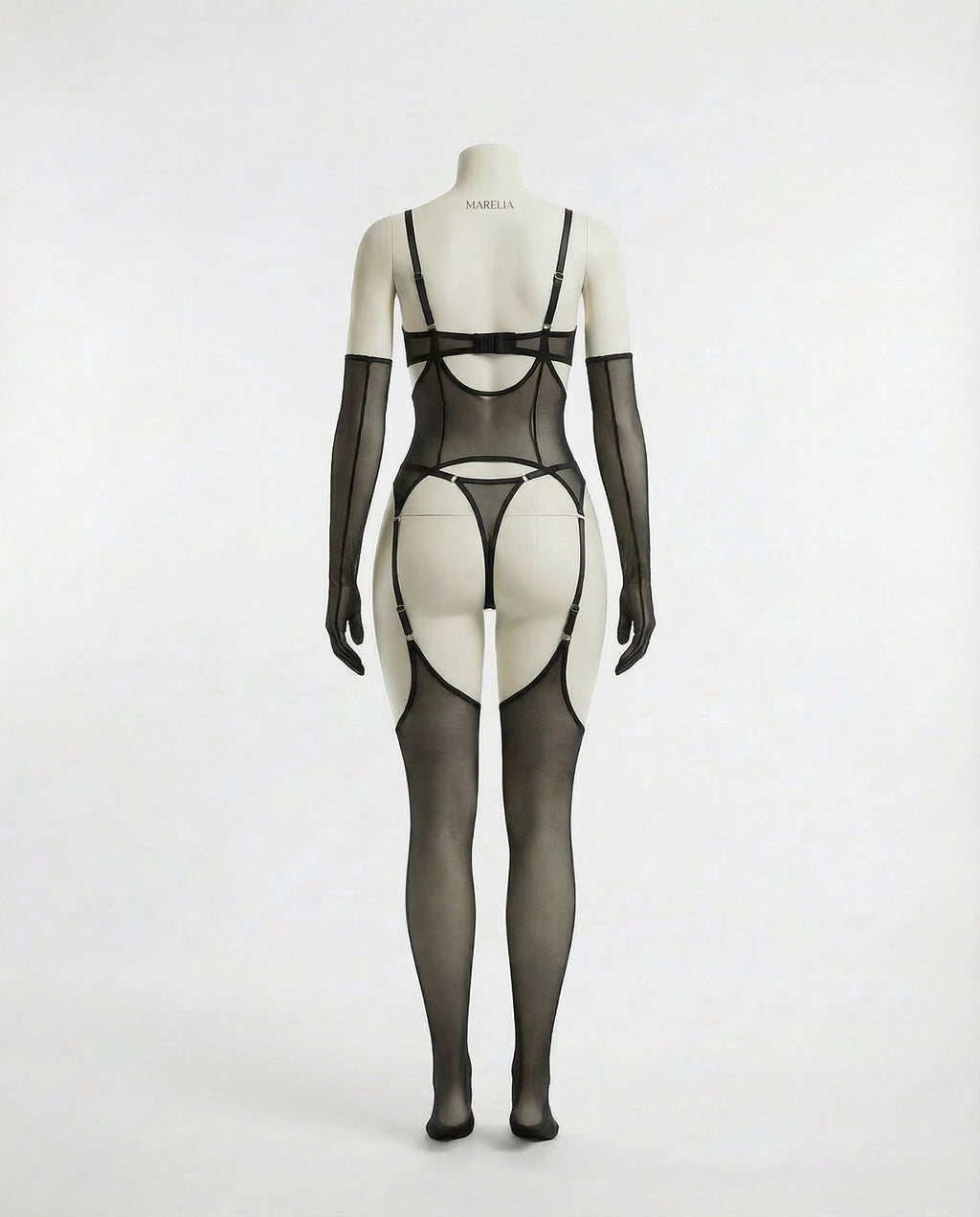 Sheer Mesh Lingerie Set With Opera Gloves - AR UNIVERSALghntshBodysuit