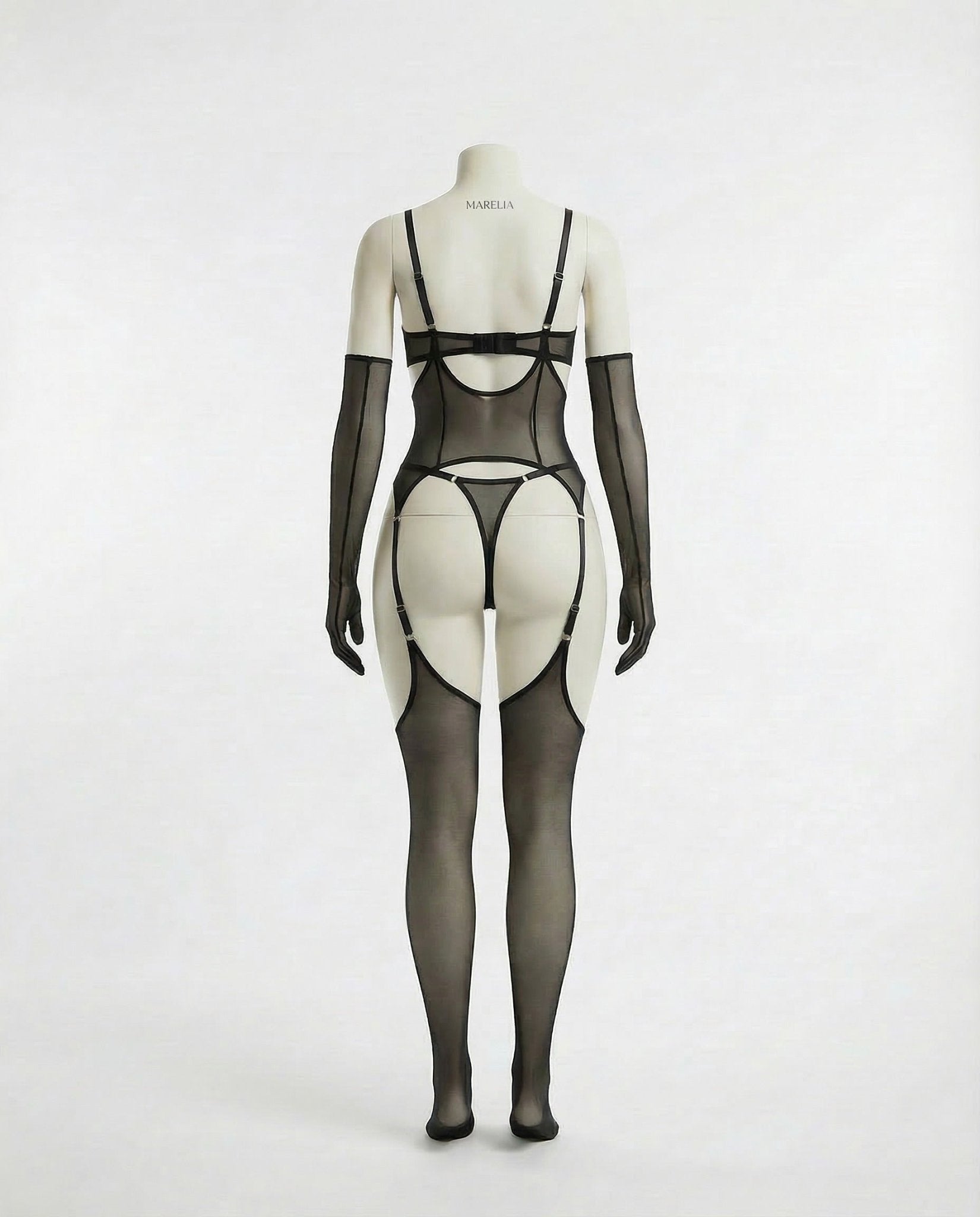 Sheer Mesh Lingerie Set With Opera Gloves - AR UNIVERSALghntshBodysuit