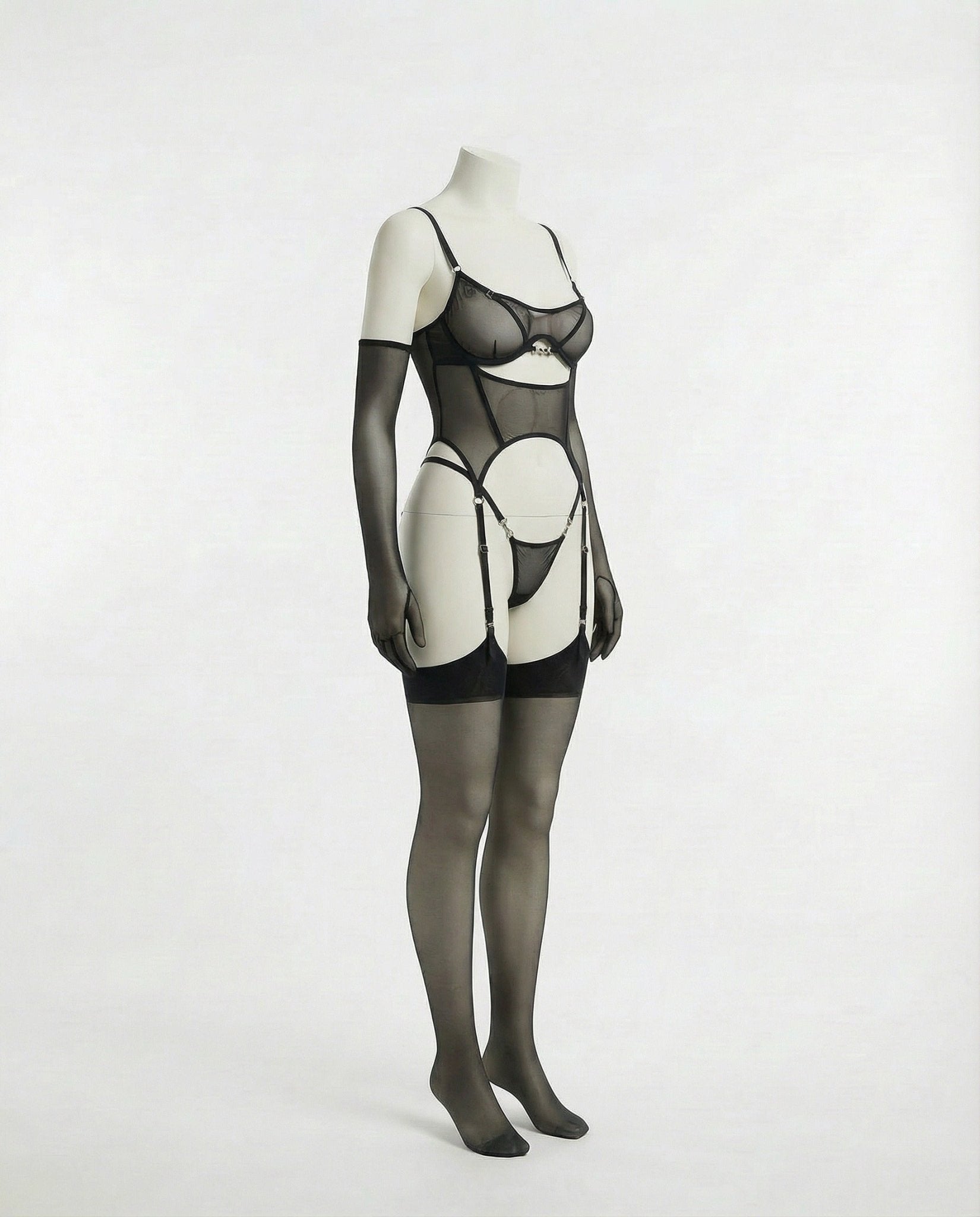Sheer Mesh Lingerie Set With Opera Gloves - AR UNIVERSALghntshBodysuit