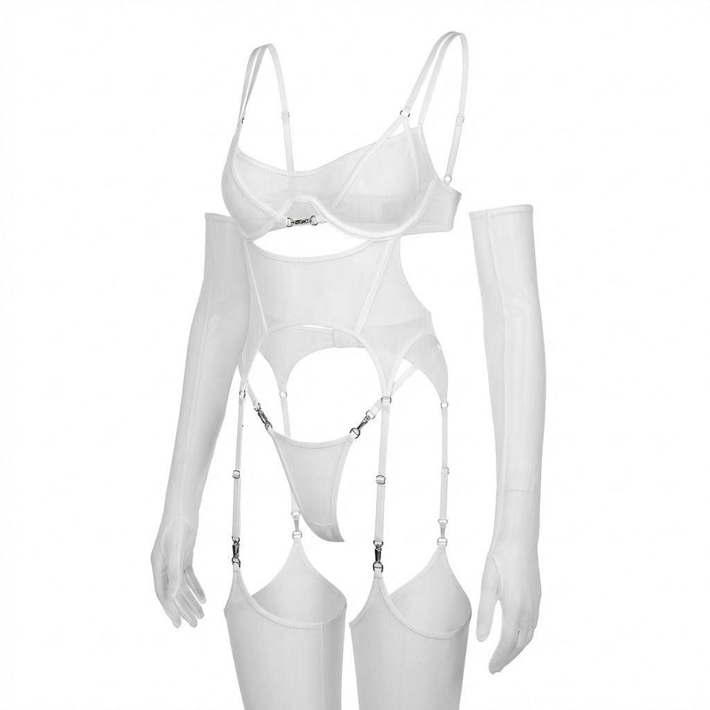Sheer Mesh Lingerie Set With Opera Gloves - AR UNIVERSALghntshBodysuit
