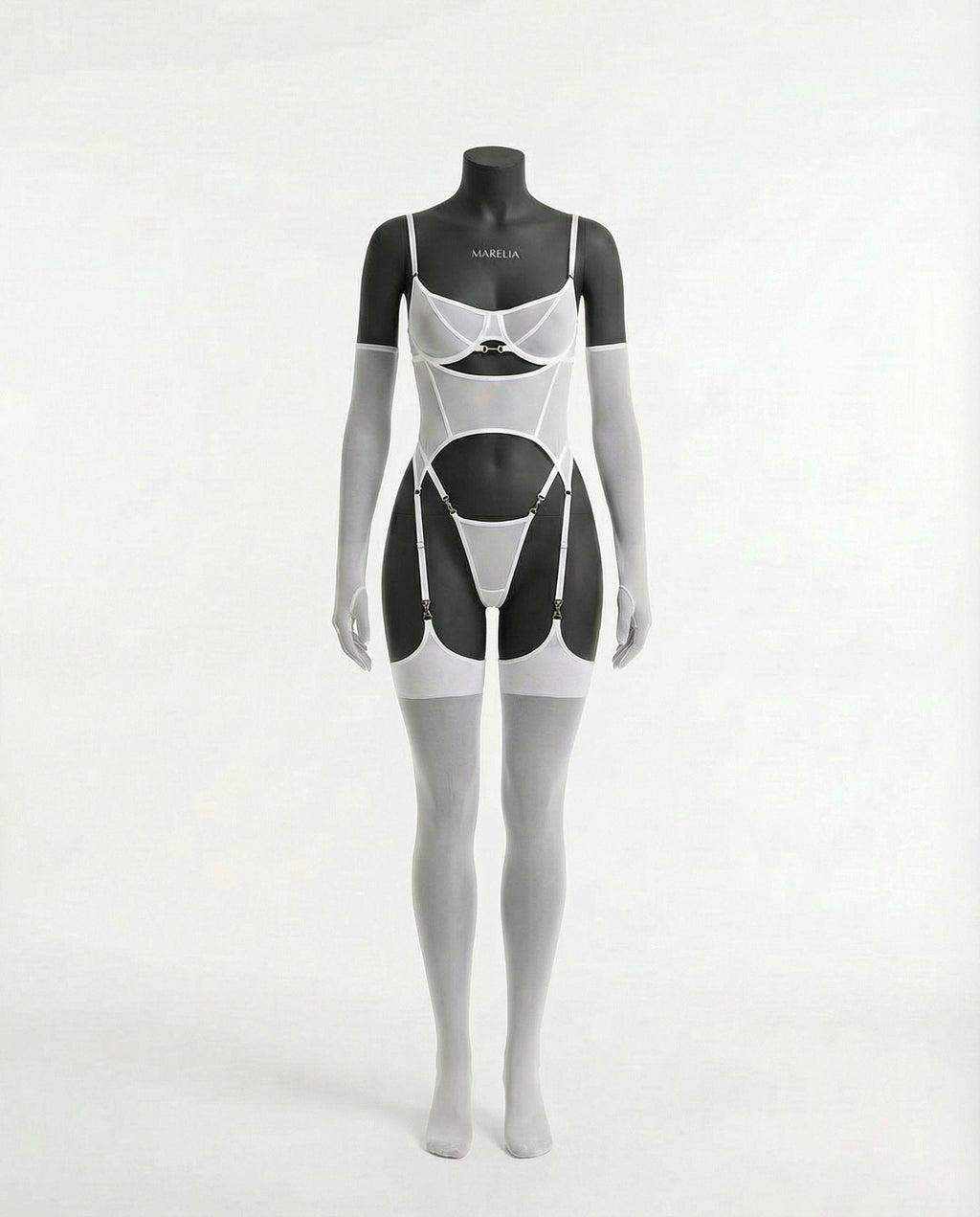 Sheer Mesh Lingerie Set With Opera Gloves - AR UNIVERSALghntshBodysuit